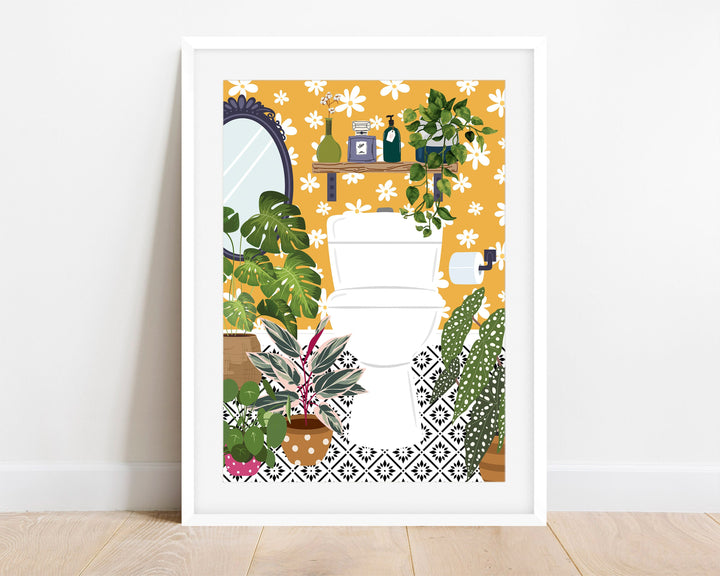 Yellow Bathroom Loo Cloakroom Toilet Wall Art, Modern Botanical Bathroom Gallery Print, Mustard Ochre Boho Home Eclectic Bathroom Decor