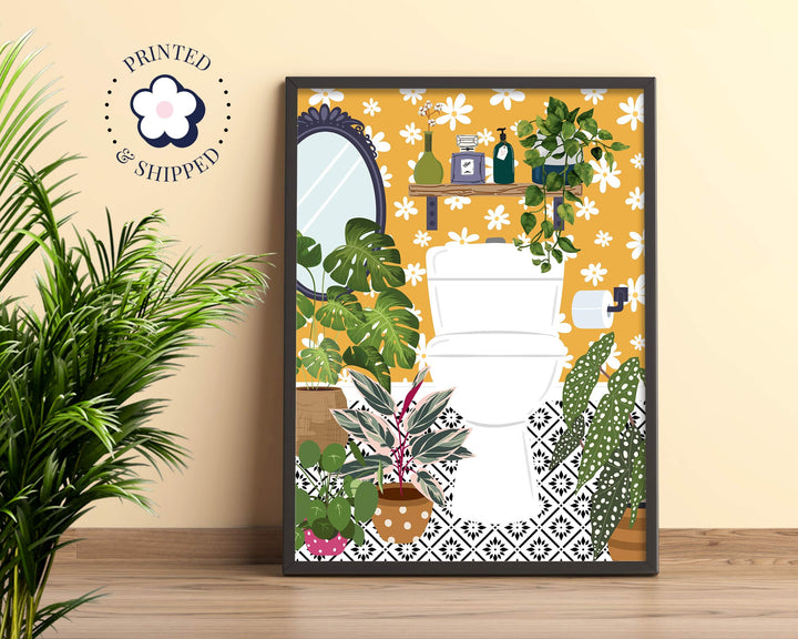 Yellow Bathroom Loo Cloakroom Toilet Wall Art, Modern Botanical Bathroom Gallery Print, Mustard Ochre Boho Home Eclectic Bathroom Decor