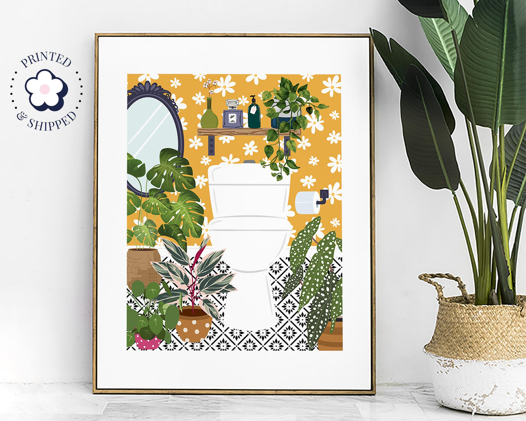 Yellow Bathroom Loo Cloakroom Toilet Wall Art, Modern Botanical Bathroom Gallery Print, Mustard Ochre Boho Home Eclectic Bathroom Decor