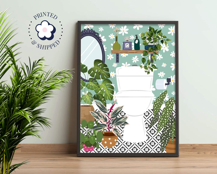 Boho Bathroom Cloakroom Toilet Wall Art, Maximalist Botanical Bathroom Gallery Print, Turquoise Eclectic Modern Geo Tile Bathroom Home Decor