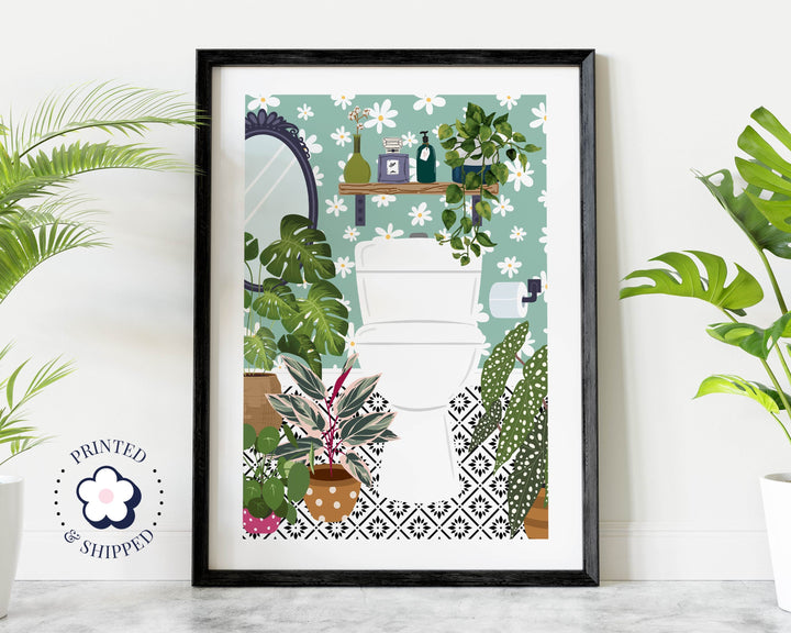 Boho Bathroom Cloakroom Toilet Wall Art, Maximalist Botanical Bathroom Gallery Print, Turquoise Eclectic Modern Geo Tile Bathroom Home Decor