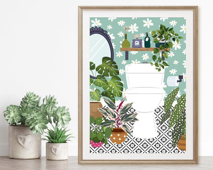 Boho Bathroom Cloakroom Toilet Wall Art, Maximalist Botanical Bathroom Gallery Print, Turquoise Eclectic Modern Geo Tile Bathroom Home Decor