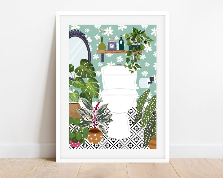 Boho Bathroom Cloakroom Toilet Wall Art, Maximalist Botanical Bathroom Gallery Print, Turquoise Eclectic Modern Geo Tile Bathroom Home Decor