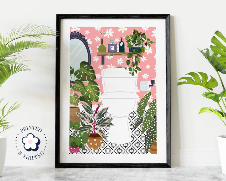 Pink Bathroom Loo Cloakroom Toilet Wall Art, Modern Botanical Bathroom Gallery Print, Colourful Boho Houseplants Eclectic Bathroom Decor