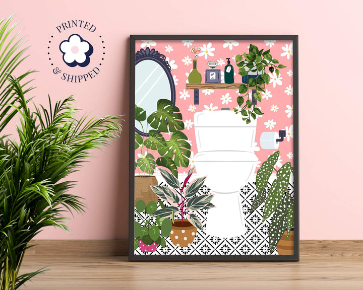 Pink Bathroom Loo Cloakroom Toilet Wall Art, Modern Botanical Bathroom Gallery Print, Colourful Boho Houseplants Eclectic Bathroom Decor