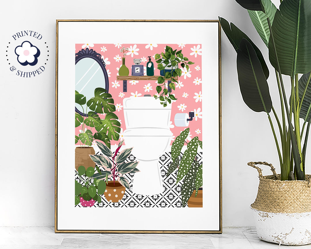 Pink Bathroom Loo Cloakroom Toilet Wall Art, Modern Botanical Bathroom Gallery Print, Colourful Boho Houseplants Eclectic Bathroom Decor