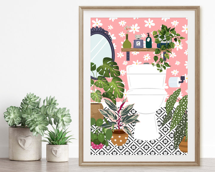Pink Bathroom Loo Cloakroom Toilet Wall Art, Modern Botanical Bathroom Gallery Print, Colourful Boho Houseplants Eclectic Bathroom Decor