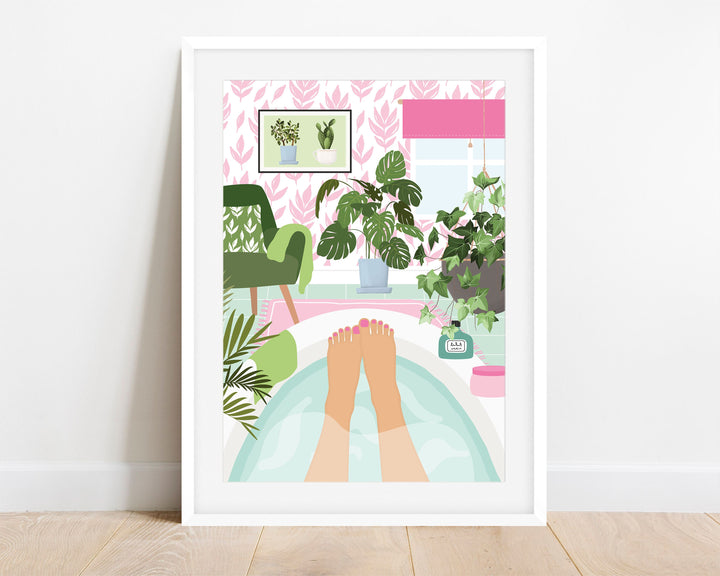 Botanical Bathroom Bathtub Art Print, Boho Bathroom Self Care Tropical Wall Art, House Plants in Bathroom Wall Decor, Maximalist Home Decor