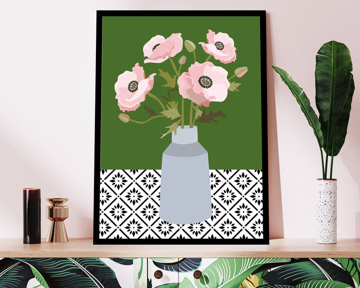 Pink Botanical Poppy Flower Print, Boho Spring Flower Vase Wall Art, Abstract Flowers Poster, Cottagecore Home Decor, Geometric Floral Print