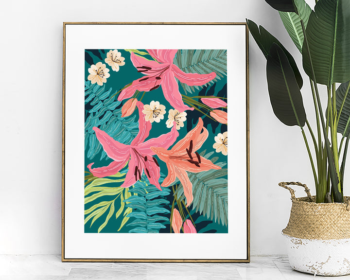 Bright Tropical Pattern Botanical Poster Wall Art, Exotic Floral Jungle Leaves Print, Bold Abstract Flowers Trendy Poster, Eclectic Decor