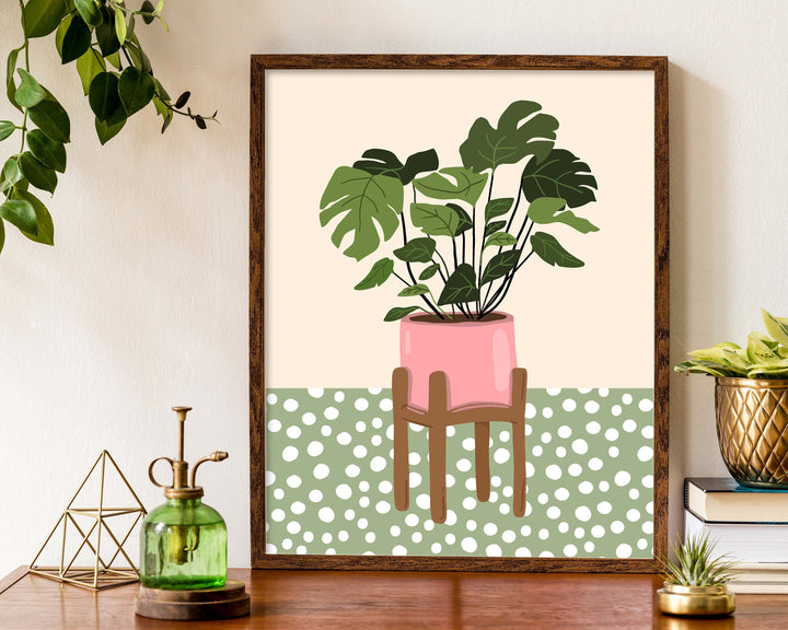 Monstera Leaf Houseplants Print, Cute Plants Botanical Wall Art, Boho Polka Dot Houseplant Wall Decor, Quirky Indoor Plant, Plant Lover Gift