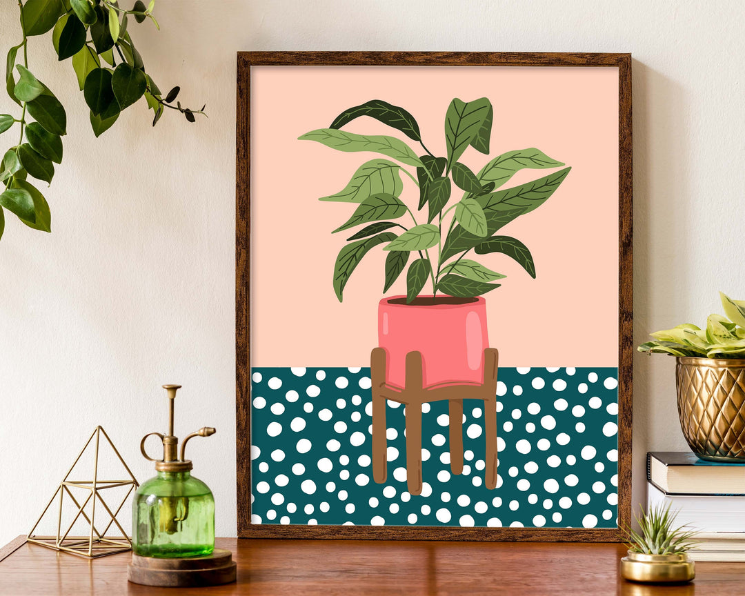 Monstera Leaf Plant Print, Dalmation Polkadot Pink Plant Print, Boho Houseplant Wall Art, Plant Lover Gift, Potted Plant Art Print Poster