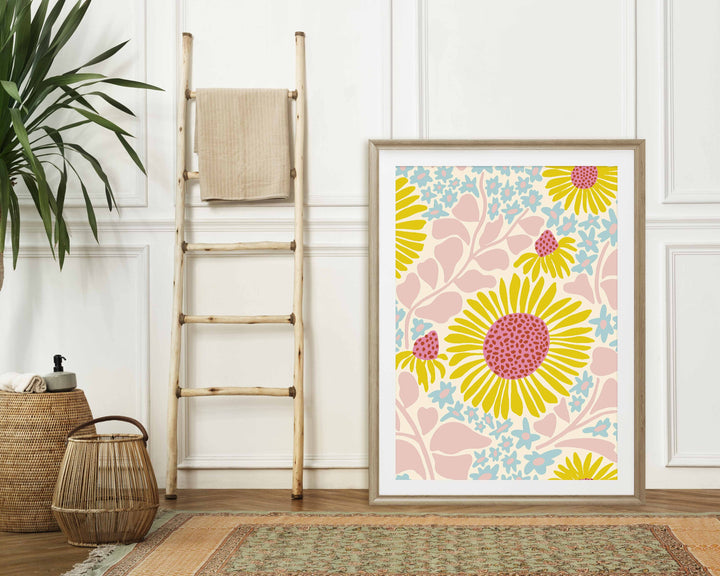 Boho Abstract Daisy Print, Botanical Flower Wall Art, Eclectic Daisies Poster, Retro Flower Market Print, Pink Floral Aesthetic Room Decor