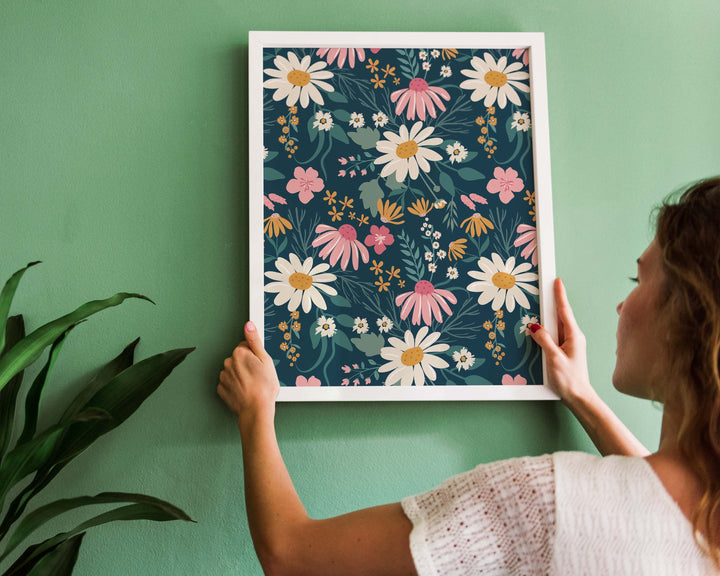 Modern Abstract Daisy Wall Art, Retro Pink Flower Market Print, Botanical Living Room Wall Art, Floral Bedroom Wall Home Decor, Gift For Her