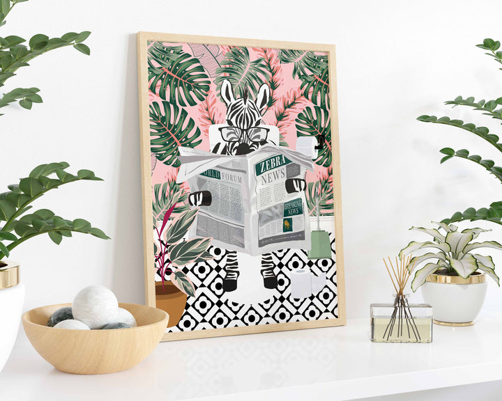 Zebra on Toilet Bathroom Print, Animal on Toilet Cloakroom Wall Art, Tropical Pink Botanical Funny Bathroom Decor, Animal Reading Newspaper