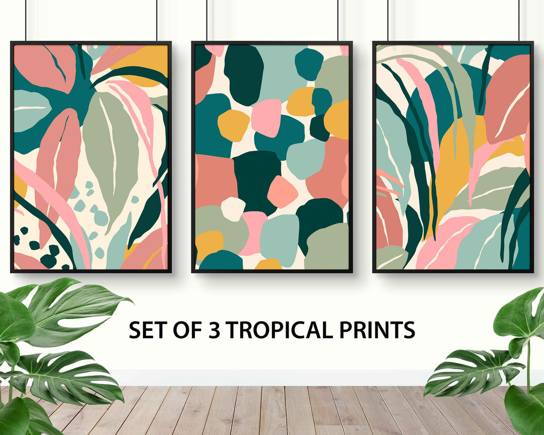 Tropical Leaves 3 Piece Wall Art Print, Boho Botanical Abstract Leaf Print, Palm Leaf Colourful Wall Art, Maximalist Jungle Rainforest Decor