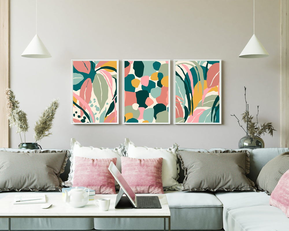 Tropical Leaves 3 Piece Wall Art Print, Boho Botanical Abstract Leaf Print, Palm Leaf Colourful Wall Art, Maximalist Jungle Rainforest Decor
