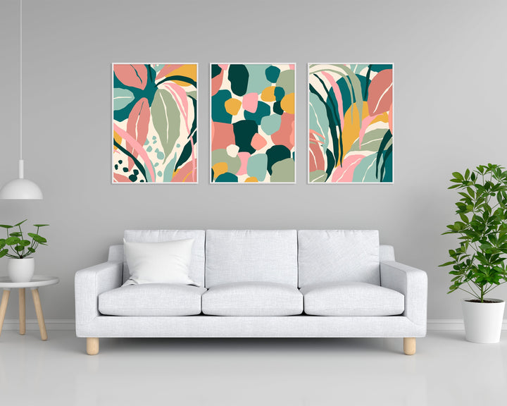Tropical Leaves 3 Piece Wall Art Print, Boho Botanical Abstract Leaf Print, Palm Leaf Colourful Wall Art, Maximalist Jungle Rainforest Decor