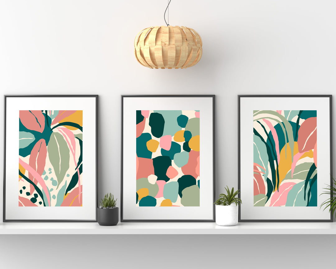Tropical Leaves 3 Piece Wall Art Print, Boho Botanical Abstract Leaf Print, Palm Leaf Colourful Wall Art, Maximalist Jungle Rainforest Decor
