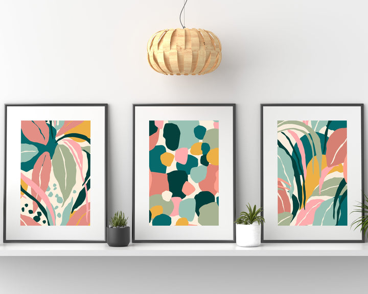 Tropical Leaves 3 Piece Wall Art Print, Boho Botanical Abstract Leaf Print, Palm Leaf Colourful Wall Art, Maximalist Jungle Rainforest Decor