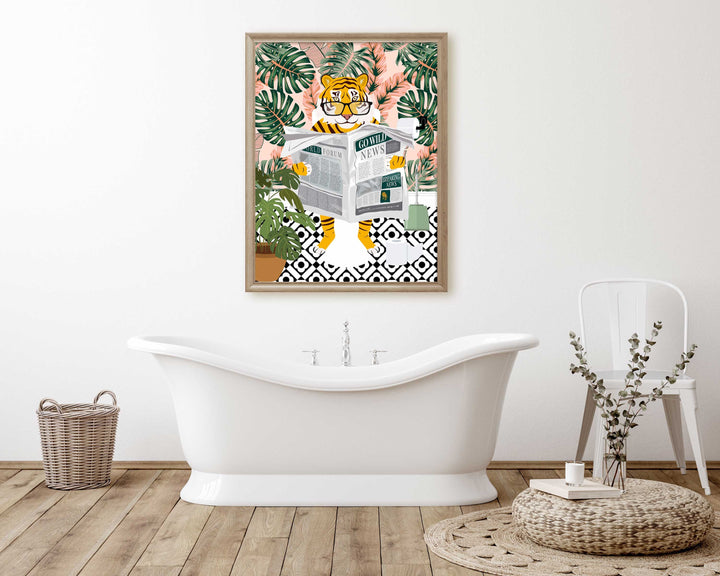 Tiger on Toilet Bathroom Print, Animal on Toilet Funny Bathroom Wall Art, Colourful Botanical Bathroom Art Poster, Maximalist Bathroom Decor