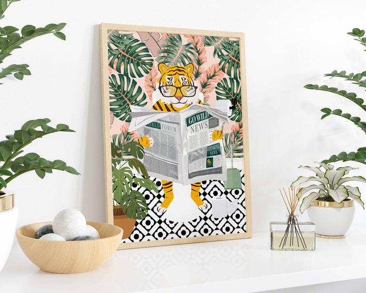 Tiger on Toilet Bathroom Print, Animal on Toilet Funny Bathroom Wall Art, Colourful Botanical Bathroom Art Poster, Maximalist Bathroom Decor