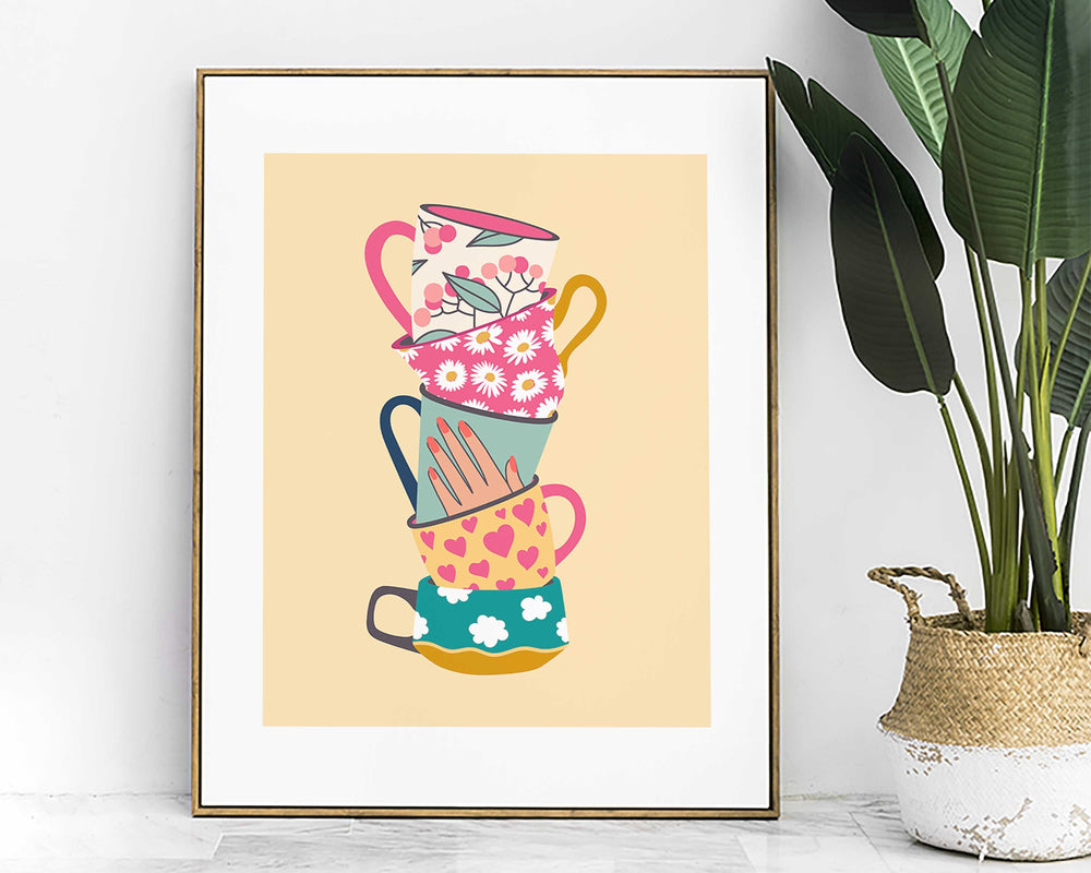Stacked Tea Cups Print, Retro Mug Floral Art, Colourful Eclectic Vintage Kitchen Wall Art, Boho Kitchen Dining Room Print, Fun Kitchen Decor