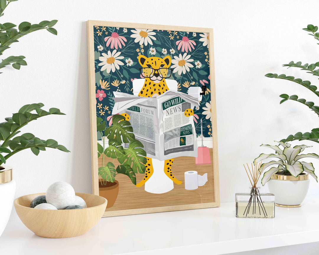 Cheetah on Toilet Print, Animal on Toilet Fun Bathroom Wall Art, Pink Daisy Flower Botanical Bathroom Humour Print, Animal Reading Newspaper