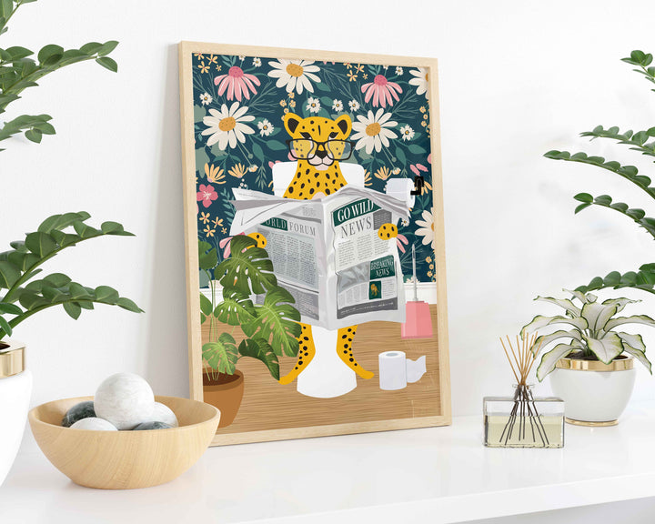 Cheetah on Toilet Print, Animal on Toilet Fun Bathroom Wall Art, Pink Daisy Flower Botanical Bathroom Humour Print, Animal Reading Newspaper