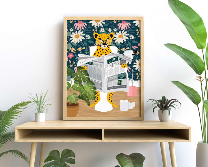 Cheetah on Toilet Print, Animal on Toilet Fun Bathroom Wall Art, Pink Daisy Flower Botanical Bathroom Humour Print, Animal Reading Newspaper