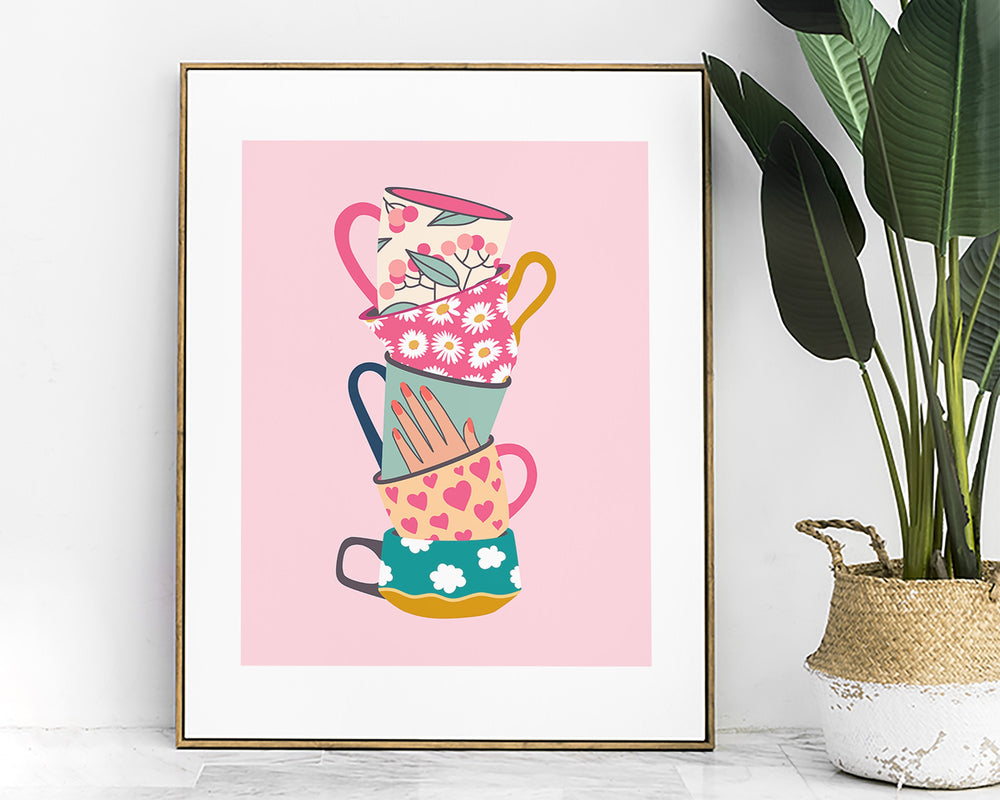 Stacked Tea Cups Print, Retro Mug Floral Art, Colourful Eclectic Vintage Kitchen Wall Art, Boho Kitchen Dining Room Print, Fun Kitchen Decor