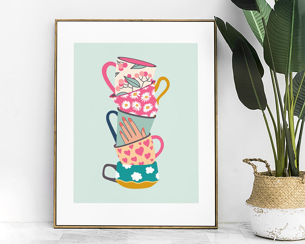 Stacked Tea Cups Print, Retro Mug Floral Art, Colourful Eclectic Vintage Kitchen Wall Art, Boho Kitchen Dining Room Print, Fun Kitchen Decor