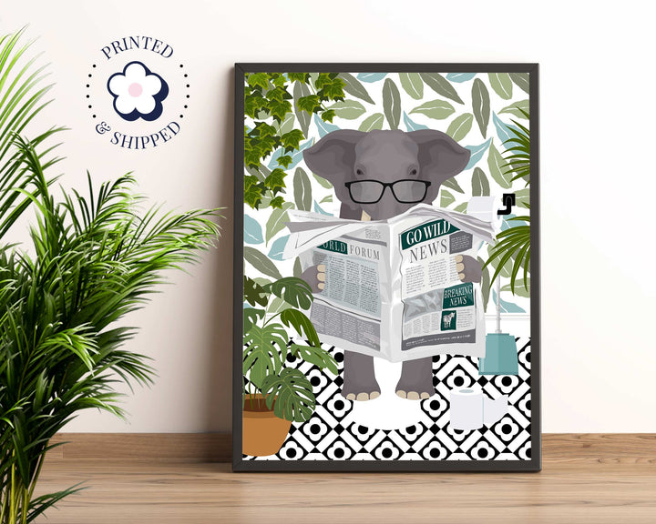 Elephant Bathroom Wall Art, Funny Animal Bathroom Prints, Toilet Art, Kids Bathroom Decor, Maximalist Wall Art, Botanical Bathroom Poster