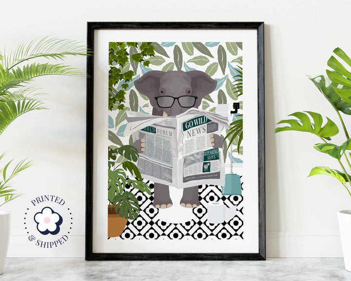 Elephant Bathroom Wall Art, Funny Animal Bathroom Prints, Toilet Art, Kids Bathroom Decor, Maximalist Wall Art, Botanical Bathroom Poster
