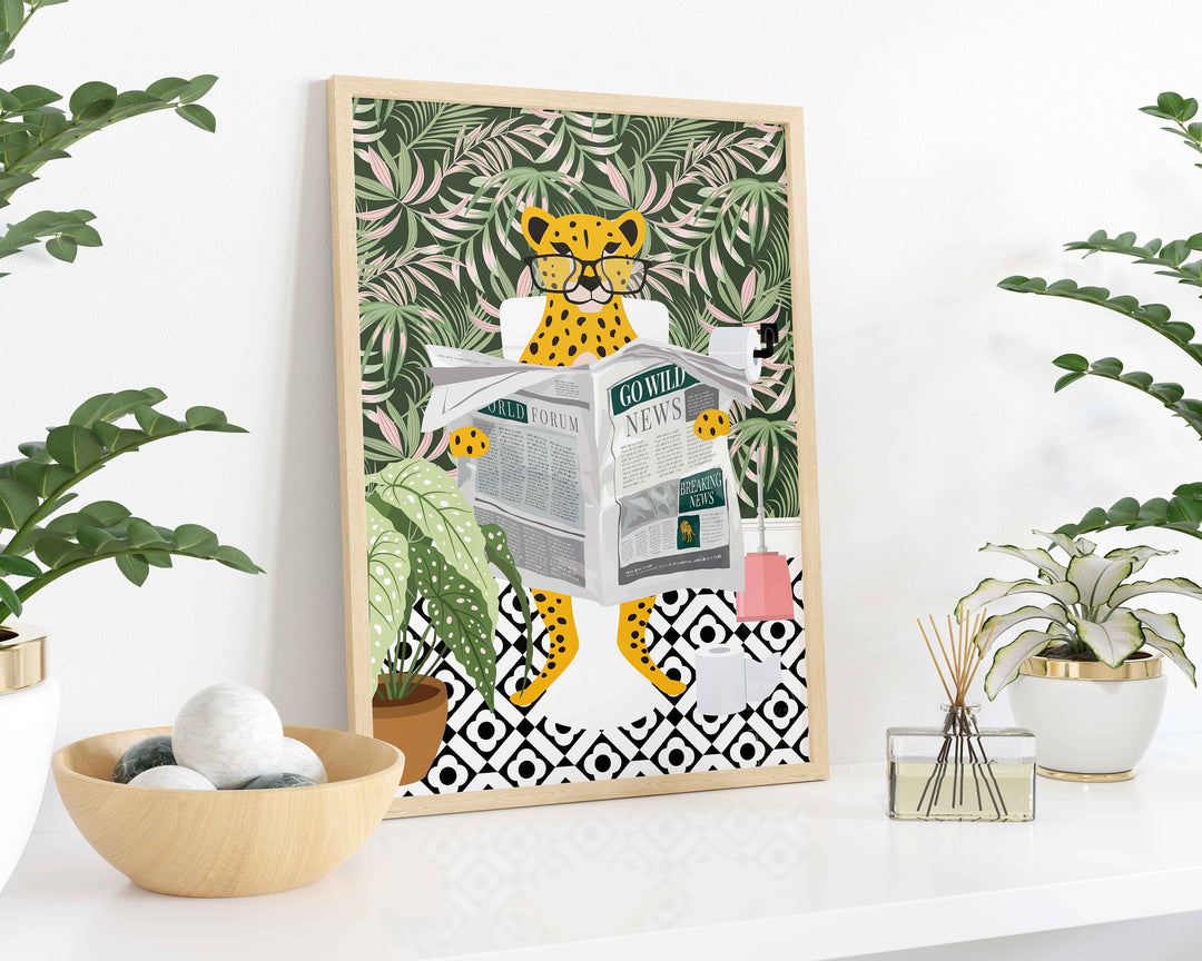 Cheetah Bathroom Wall Art, Funny Animal Bathroom Print, Toilet Art Decor, Kids Bathroom Decor, Maximalist Wall Art, Tropical Bathroom Poster