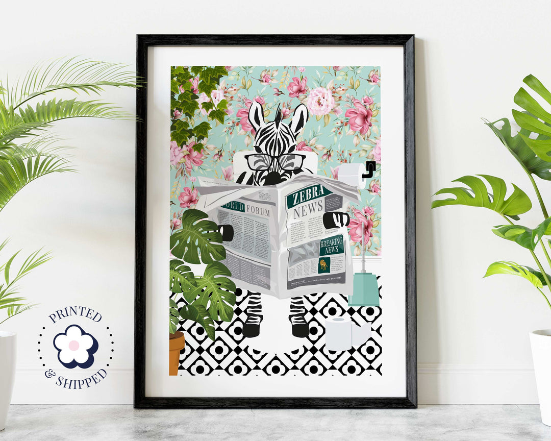 Zebra on Toilet Print, Animal on Toilet Fun Bathroom Wall Art, Floral Blue Pink Bathroom Decor, Animal Reading Newspaper Humour Art Print