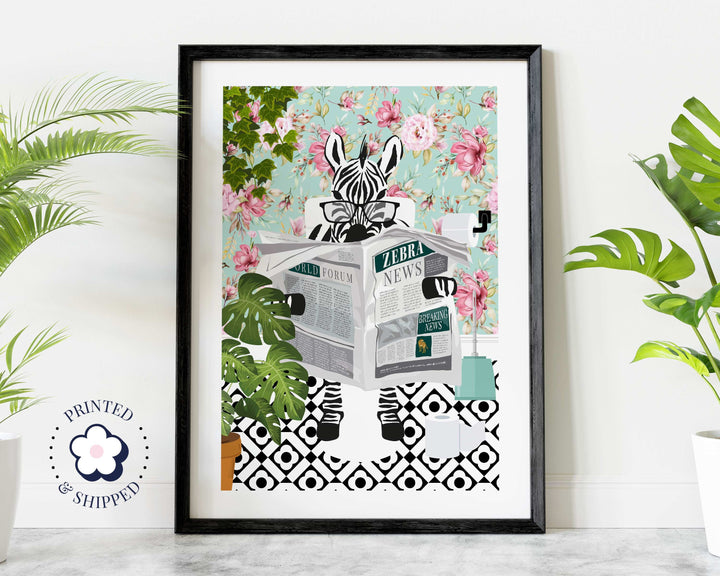 Zebra on Toilet Print, Animal on Toilet Fun Bathroom Wall Art, Floral Blue Pink Bathroom Decor, Animal Reading Newspaper Humour Art Print