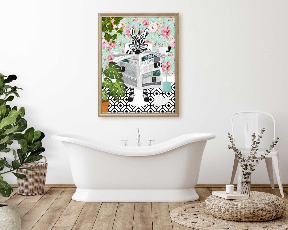 Zebra on Toilet Print, Animal on Toilet Fun Bathroom Wall Art, Floral Blue Pink Bathroom Decor, Animal Reading Newspaper Humour Art Print