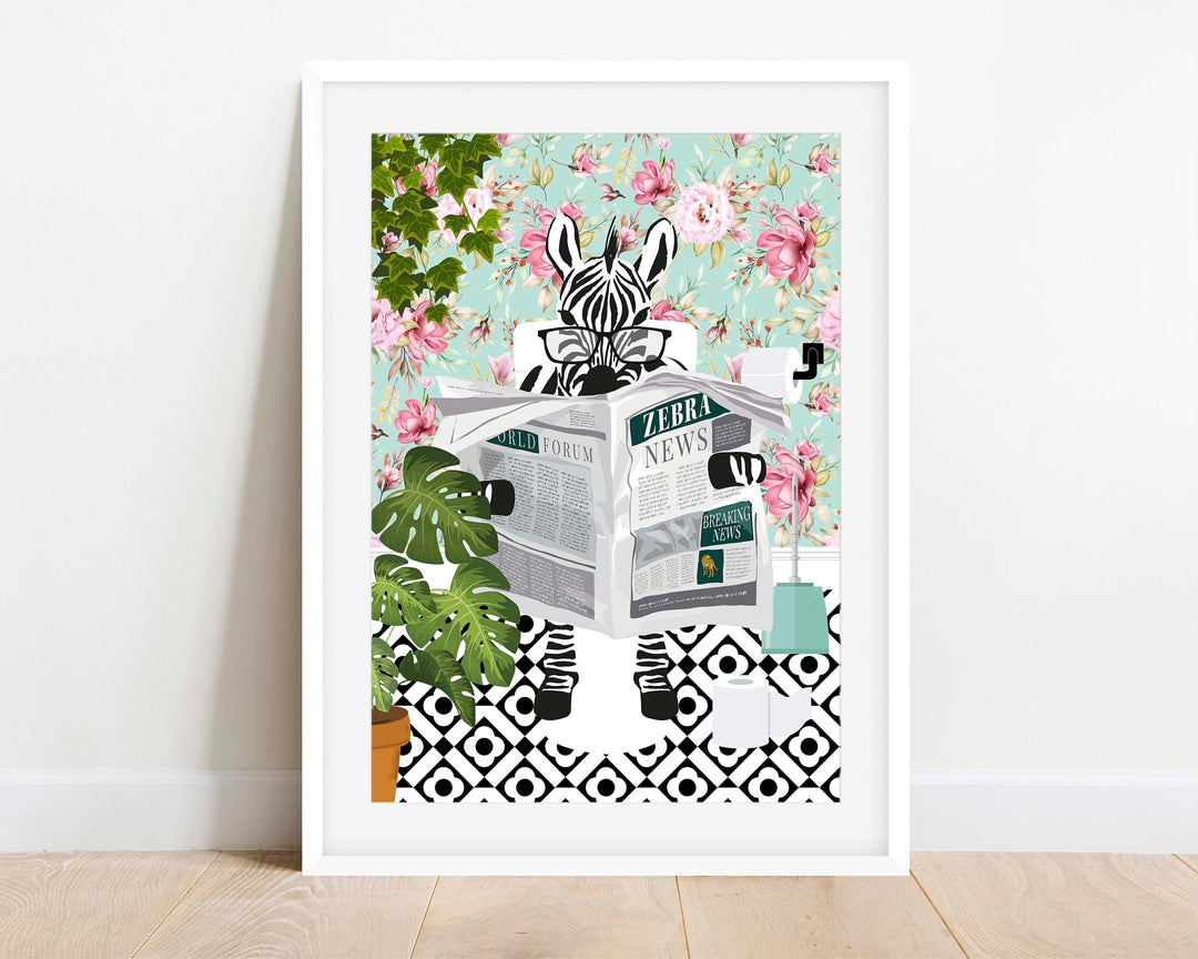 Zebra on Toilet Print, Animal on Toilet Fun Bathroom Wall Art, Floral Blue Pink Bathroom Decor, Animal Reading Newspaper Humour Art Print