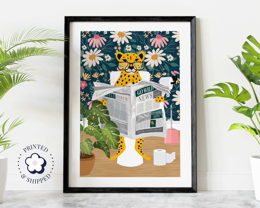 Cheetah on Toilet Print, Animal on Toilet Fun Bathroom Wall Art, Pink Daisy Flower Botanical Bathroom Humour Print, Animal Reading Newspaper