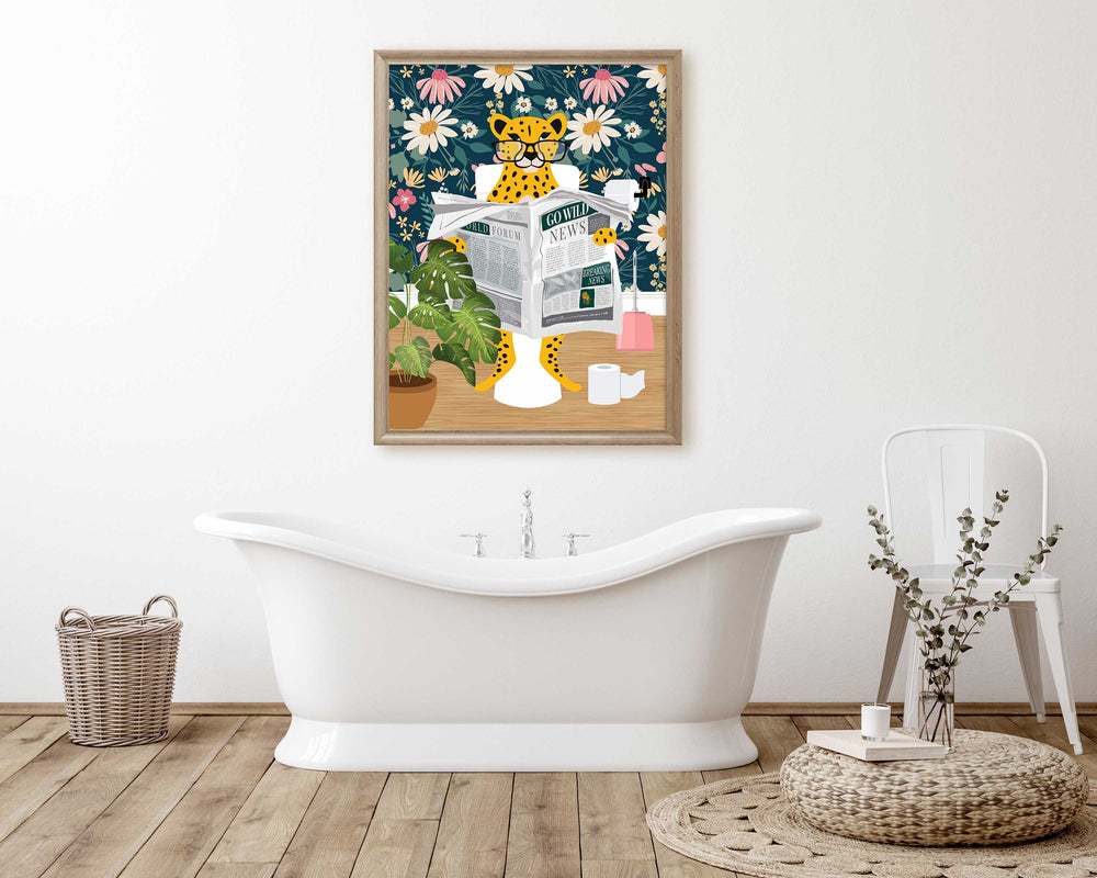 Cheetah on Toilet Print, Animal on Toilet Fun Bathroom Wall Art, Pink Daisy Flower Botanical Bathroom Humour Print, Animal Reading Newspaper