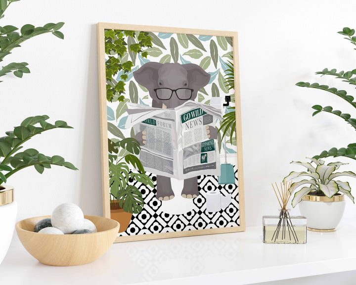 Elephant Bathroom Wall Art, Funny Animal Bathroom Prints, Toilet Art, Kids Bathroom Decor, Maximalist Wall Art, Botanical Bathroom Poster