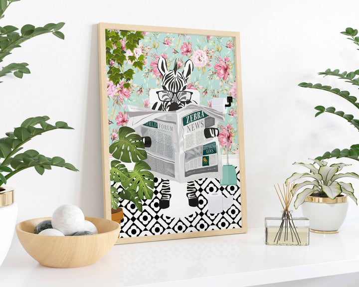 Zebra on Toilet Print, Animal on Toilet Fun Bathroom Wall Art, Floral Blue Pink Bathroom Decor, Animal Reading Newspaper Humour Art Print