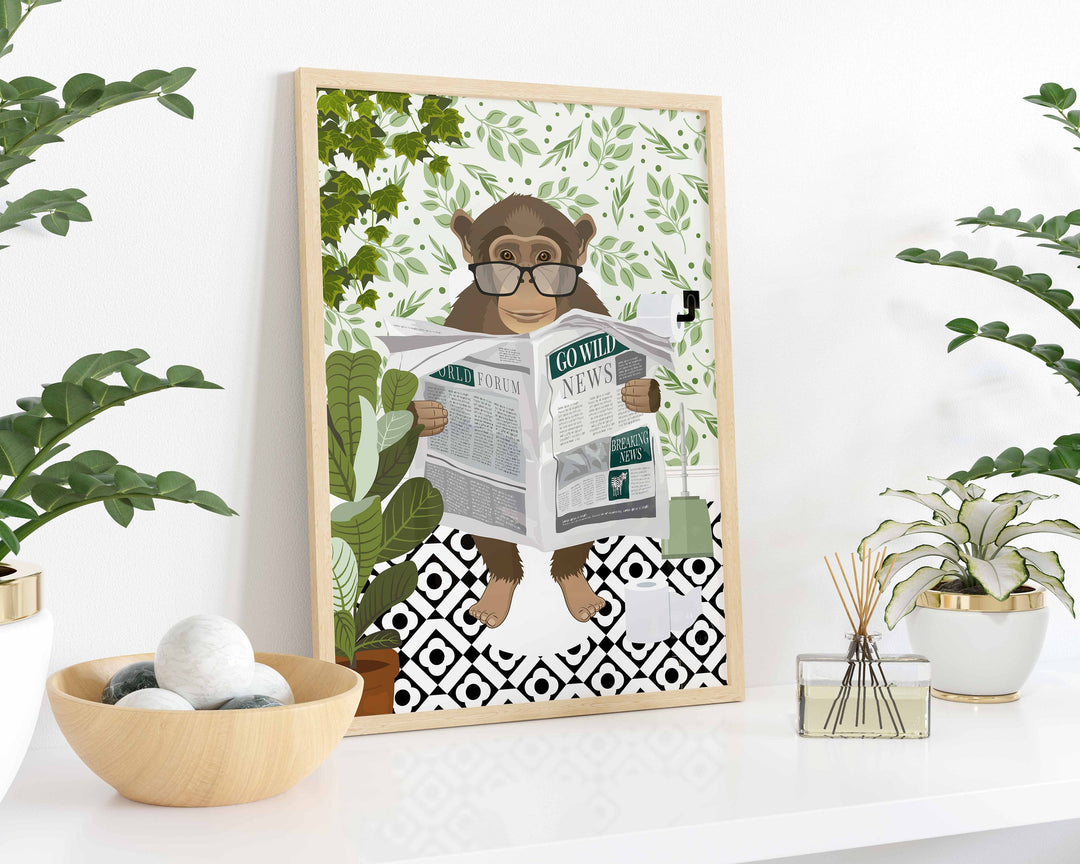 Monkey on Toilet Print, Animal on Toilet Fun Bathroom Wall Art, Jungle Animal Botanical Bathroom Humour Art Print, Cloakroom Prints Wall Art