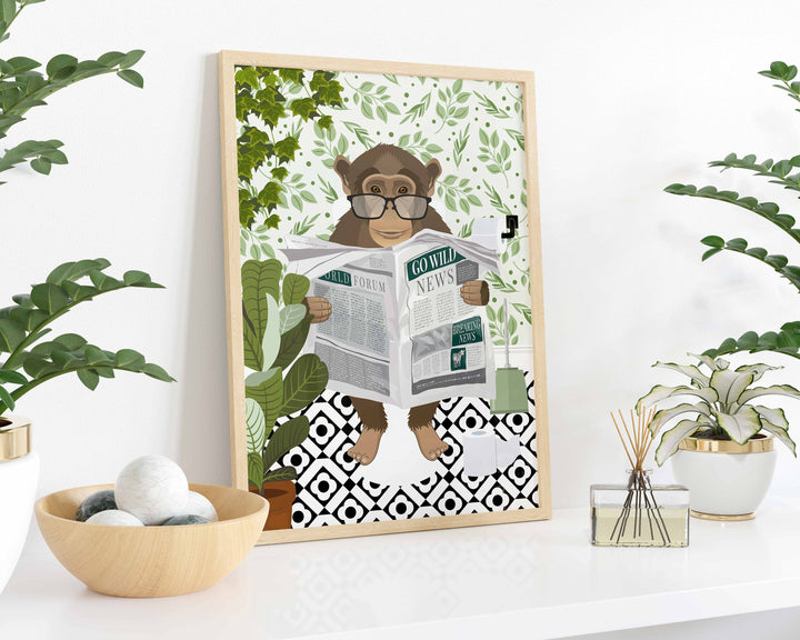 Monkey on Toilet Print, Animal on Toilet Fun Bathroom Wall Art, Jungle Animal Botanical Bathroom Humour Art Print, Cloakroom Prints Wall Art