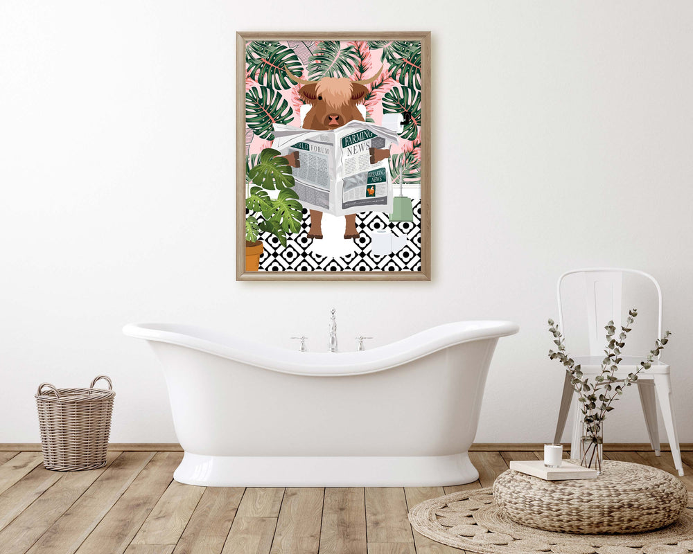 Scottish Highland Cow On Toilet Bathroom Prints, Animal On Toilet Funny Bathroom Art For Kids, Cloakroom Bathroom Wall Art, Playroom Decor