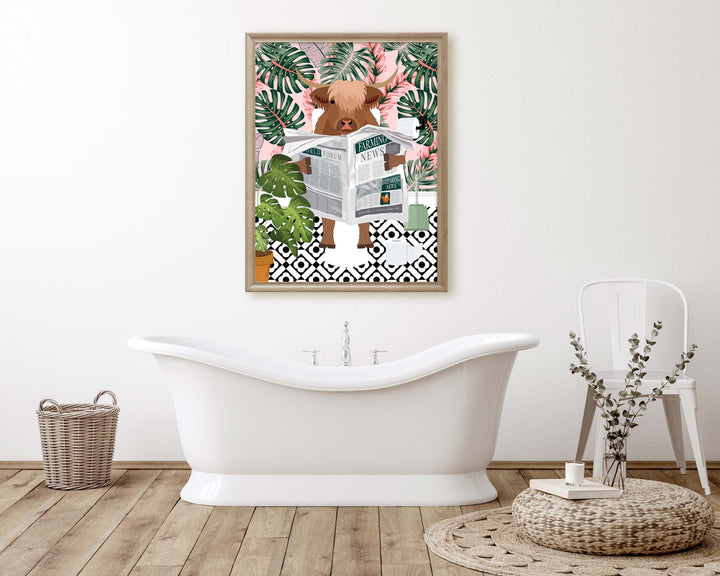 Scottish Highland Cow On Toilet Bathroom Prints, Animal On Toilet Funny Bathroom Art For Kids, Cloakroom Bathroom Wall Art, Playroom Decor
