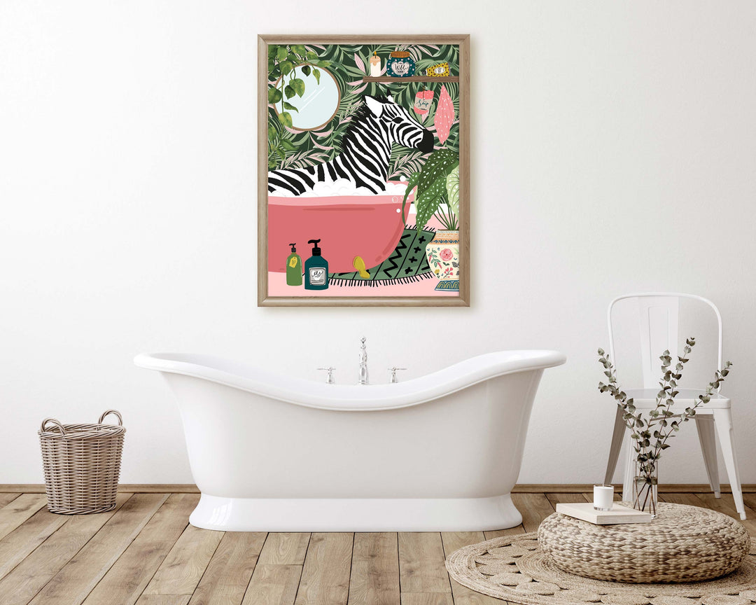 Zebra in Bathtub Boho Bathroom Print, Maximalist Animal in Bath Wall Art, Tropical Botanical Bathroom Print, Eclectic Bathroom Wall Decor
