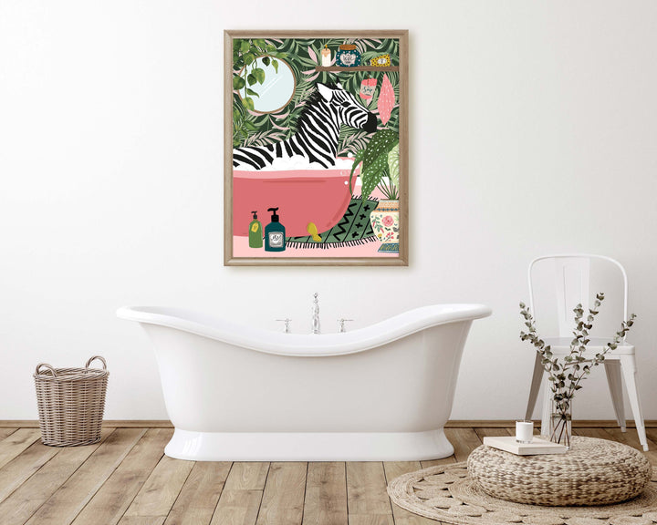 Zebra in Bathtub Boho Bathroom Print, Maximalist Animal in Bath Wall Art, Tropical Botanical Bathroom Print, Eclectic Bathroom Wall Decor