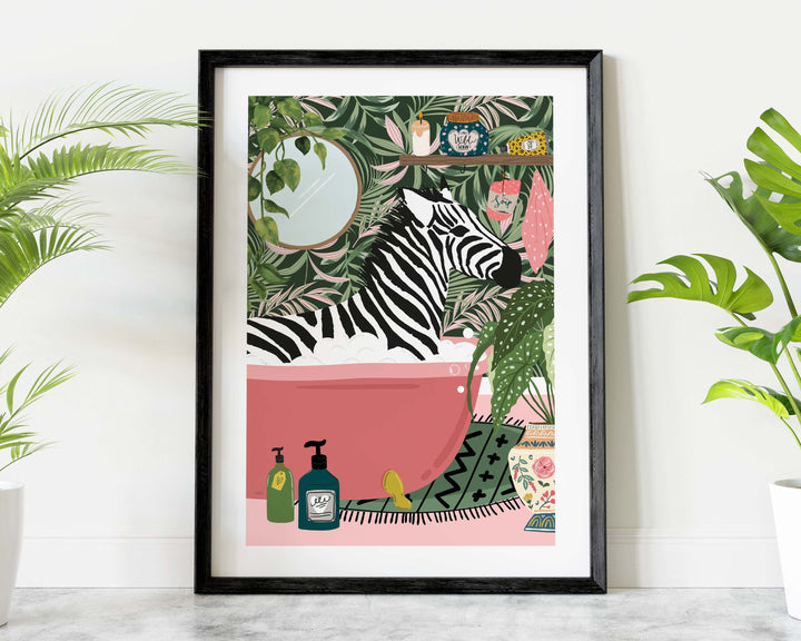 Zebra in Bathtub Boho Bathroom Print, Maximalist Animal in Bath Wall Art, Tropical Botanical Bathroom Print, Eclectic Bathroom Wall Decor